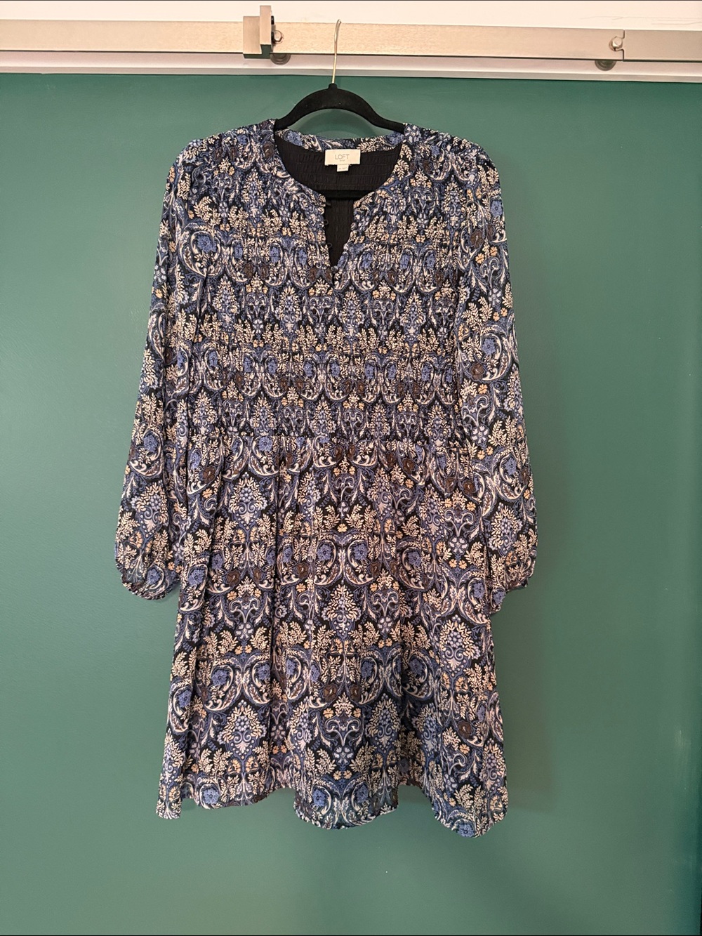 LOFT Smocked Navy and White Paisley Long-Sleeve Tiered Dress